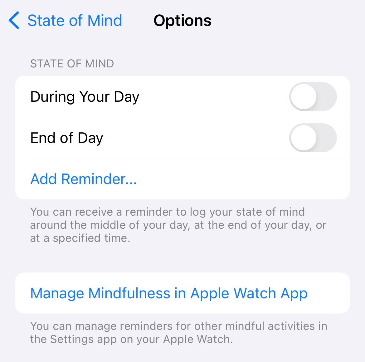 An iPhone showing reminder options for emotion and mood logging.
