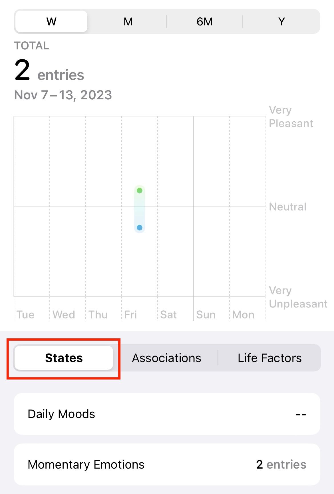 An iPhone screen showing the different states from State of Mind feature in Apple Health.