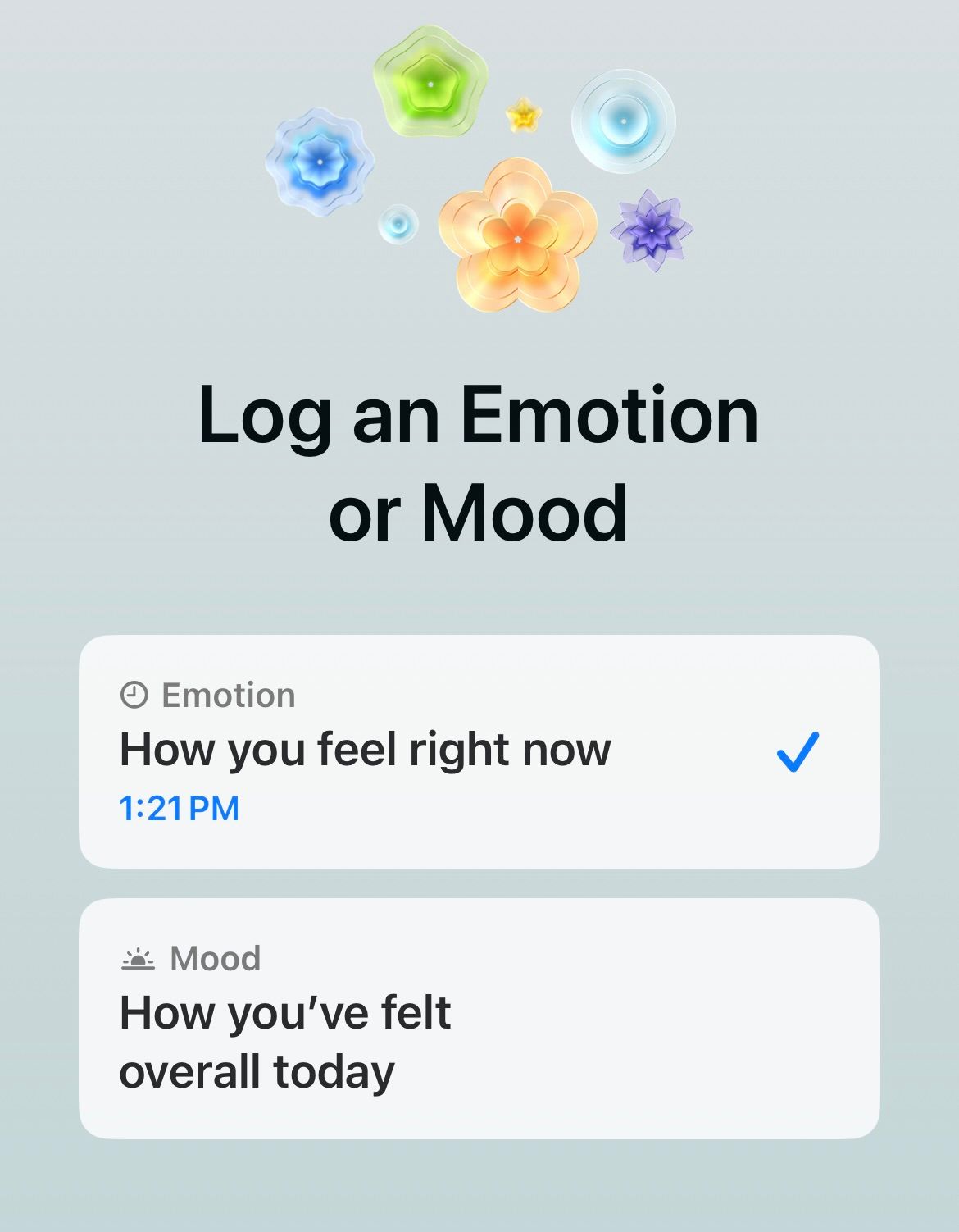An iPhone screen showing the difference between emotion and mood logging.