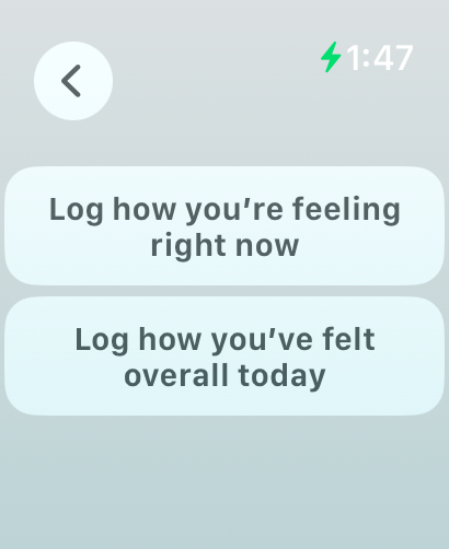 An Apple Watch showing emotion logging options.