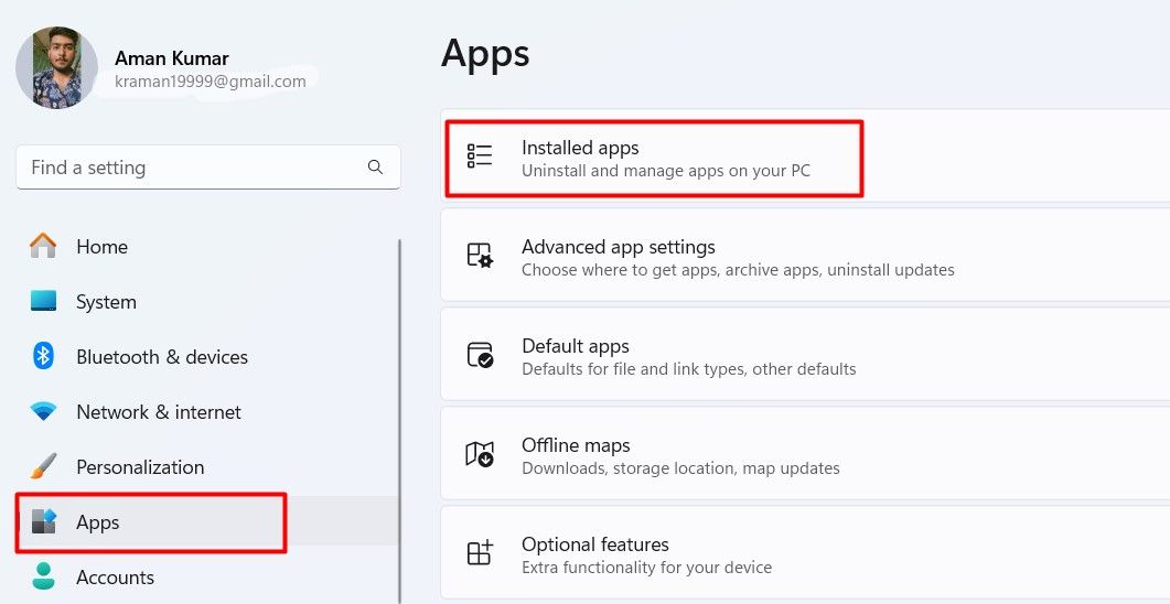 Installed Apps option in the Settings app