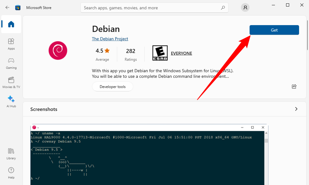 Installing Debian through the Microsoft Store. 