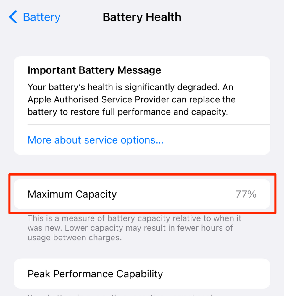 iPhone battery health maximum capacity relative to when it was new.