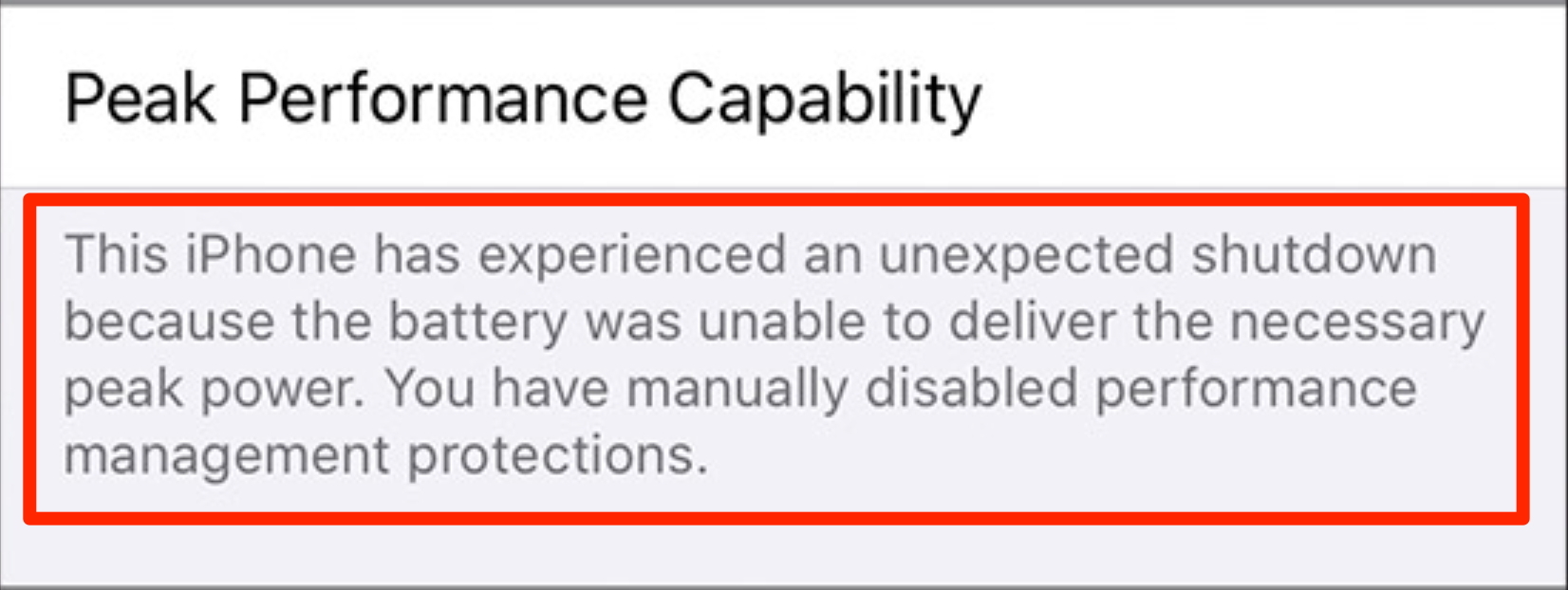 iPhone's peak performance capability message.