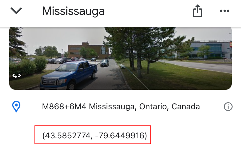 The GPS coordinates of our pin on iPhone. 