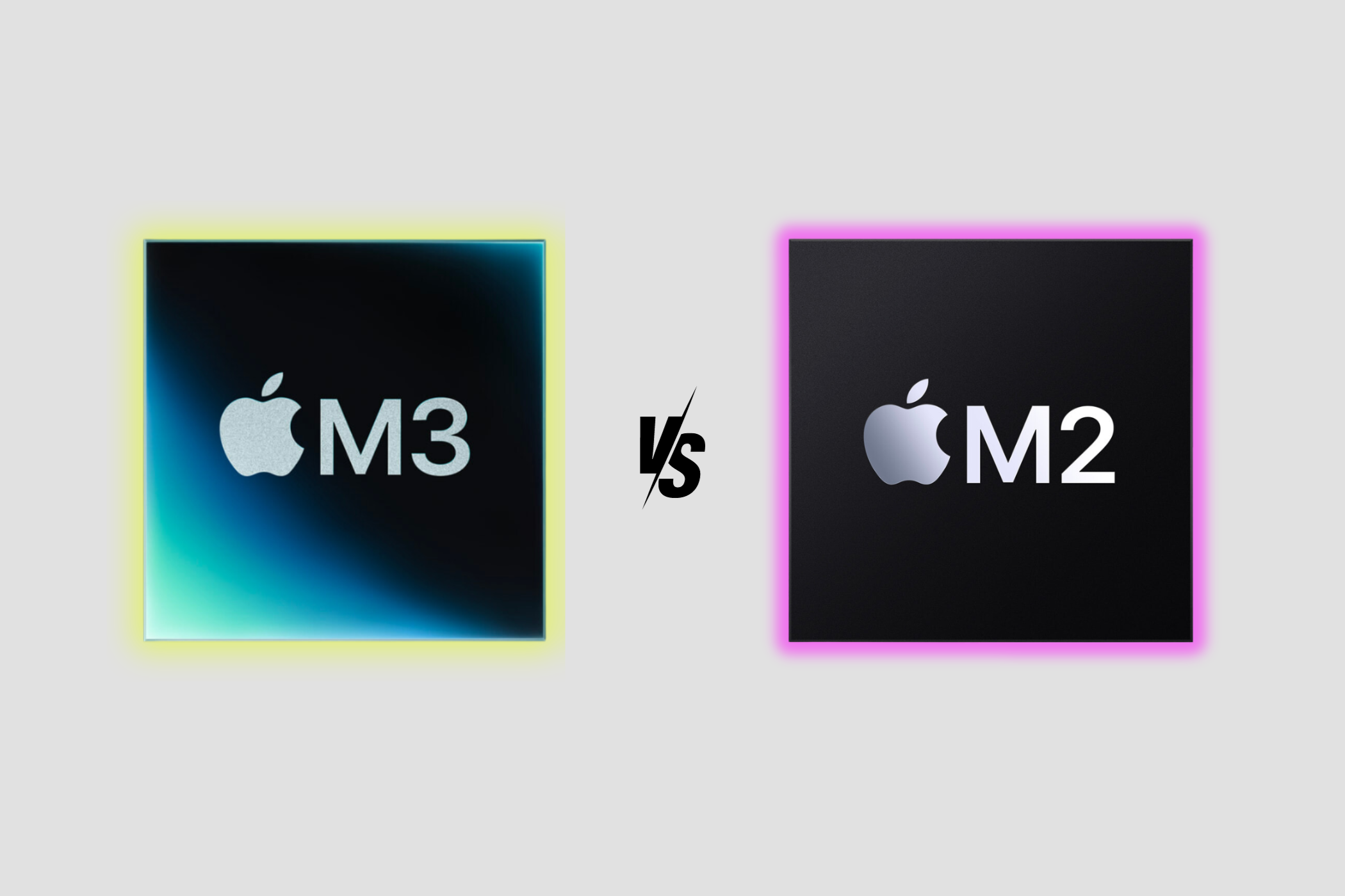 Mascots of the M3 and M2 chips besides each other with a versus symbol in the middle