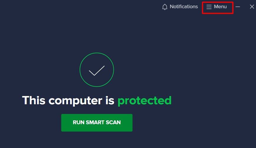 Menu option in Avast antivirus