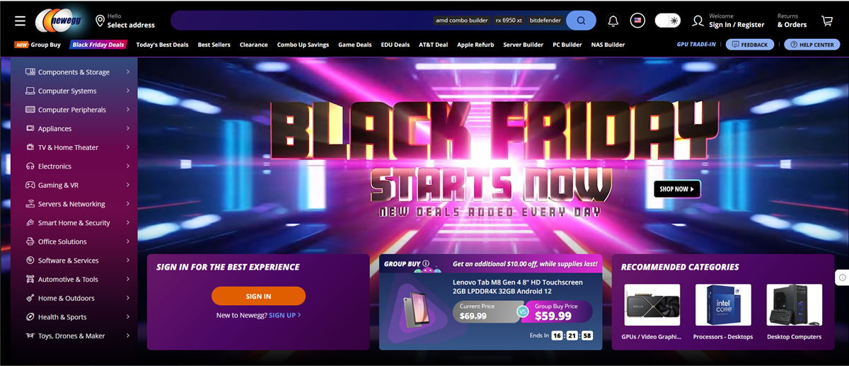 The NewEgg Black Friday sale landing page. 