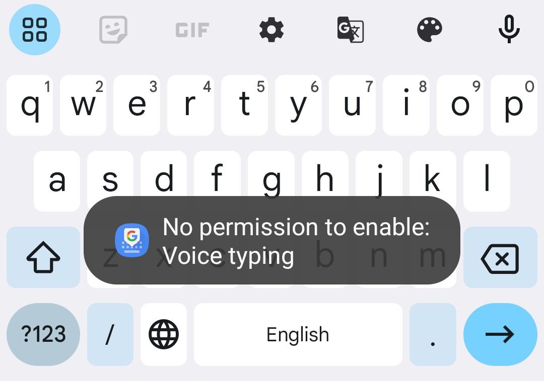 'No Permission to Enable: Voice Typing' Gboard error on an Android phone.