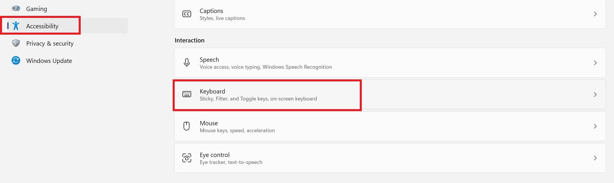 Opening the keyboard settings in the accessibility tab of windows settings app
