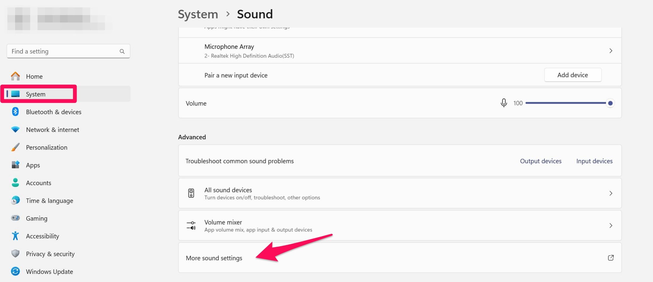 Opening the more sound settings from the settings app on windows 11