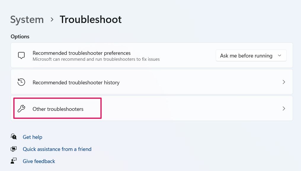 Other Troubleshooters option in the Settings app