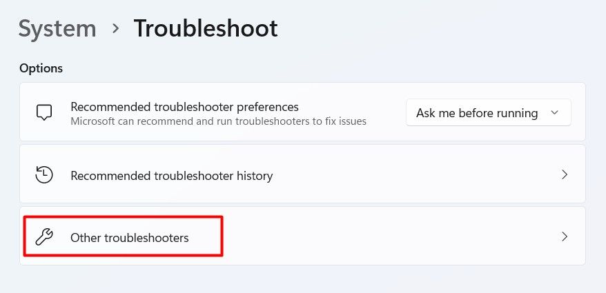 Other Troubleshooters option in the Settings app
