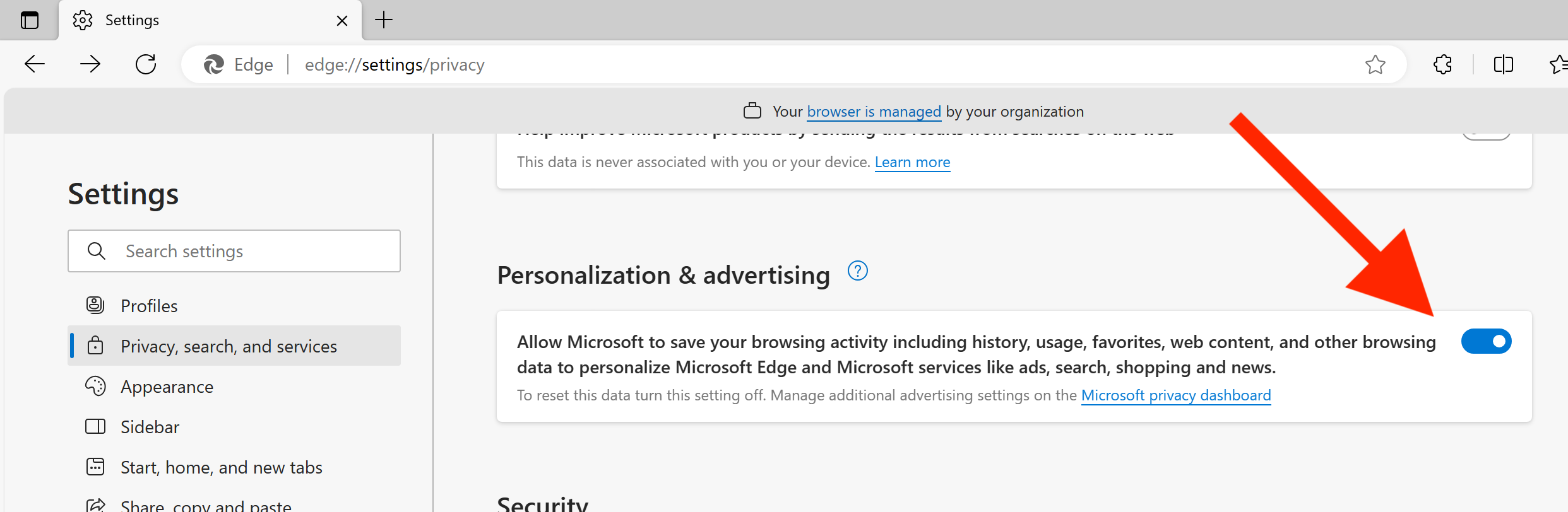 Turning off personalization setting in Edge
