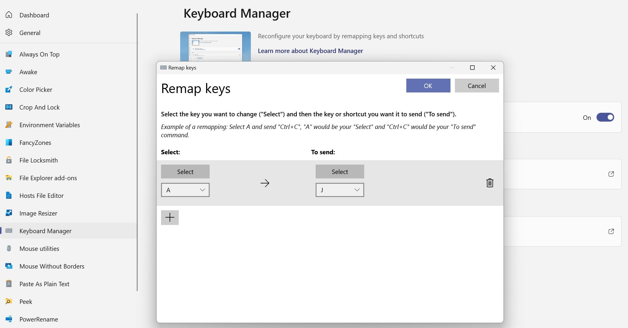 Remapping a key in the keyboard manager available in the powertoys app