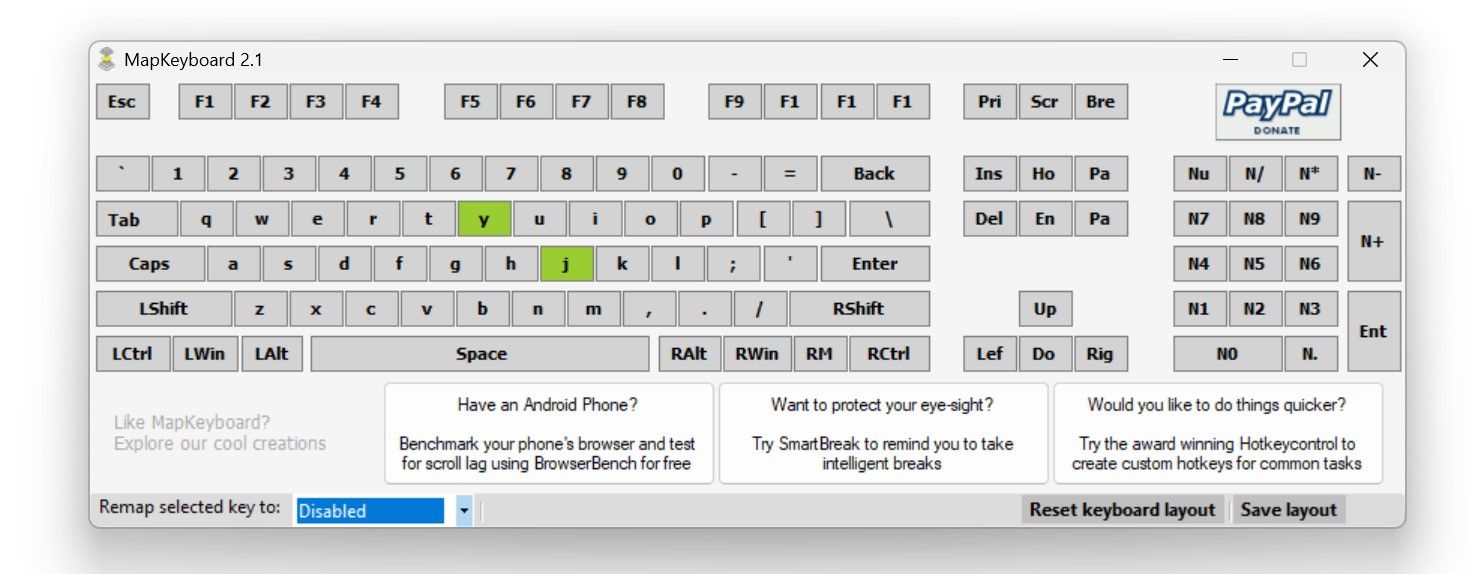 Remapping and disabling a key in mapkeyboard software