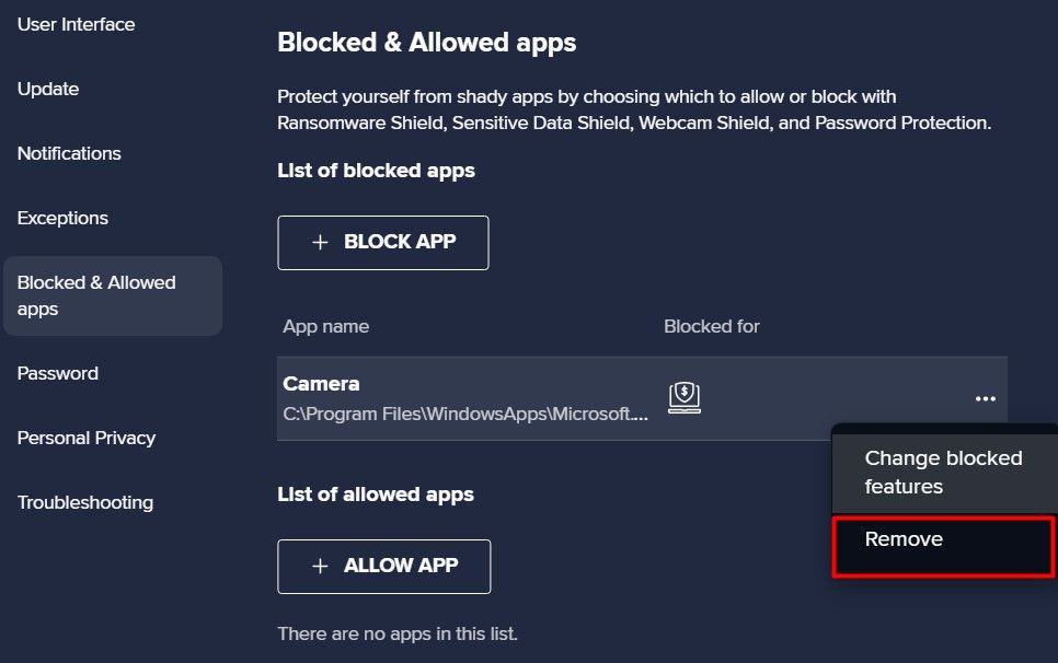 Remove option in Avast antivirus