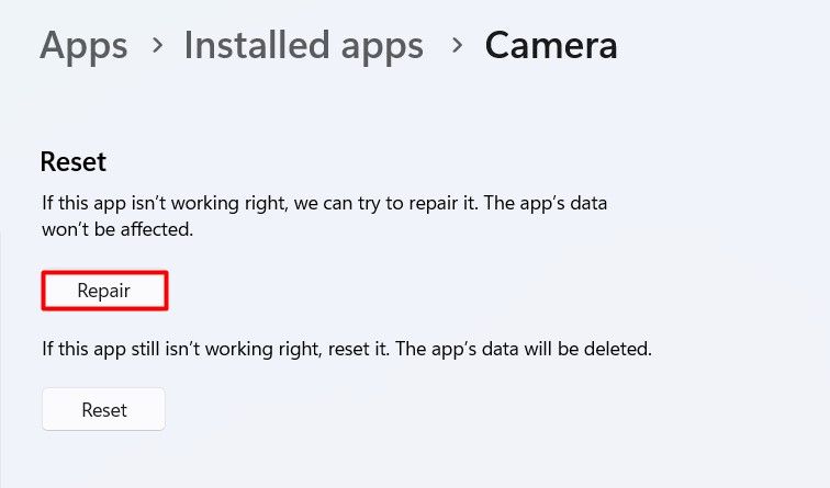 Repair option in the Settings app