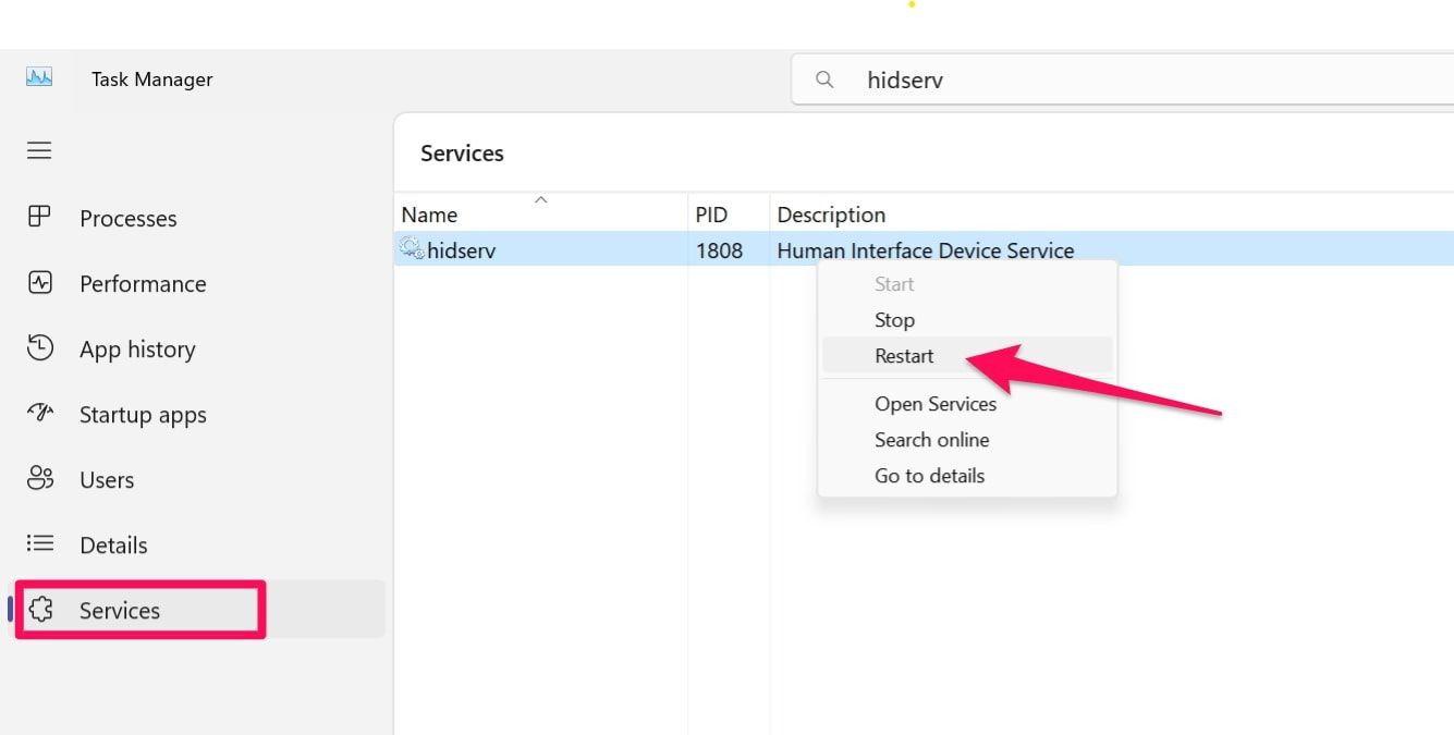 Restarting the hidserv service from task manager in windows