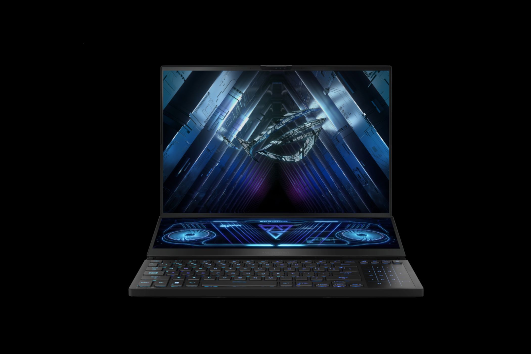 The Rog Zephyrus DUO 16 with a second screen on the upper laptop deck.