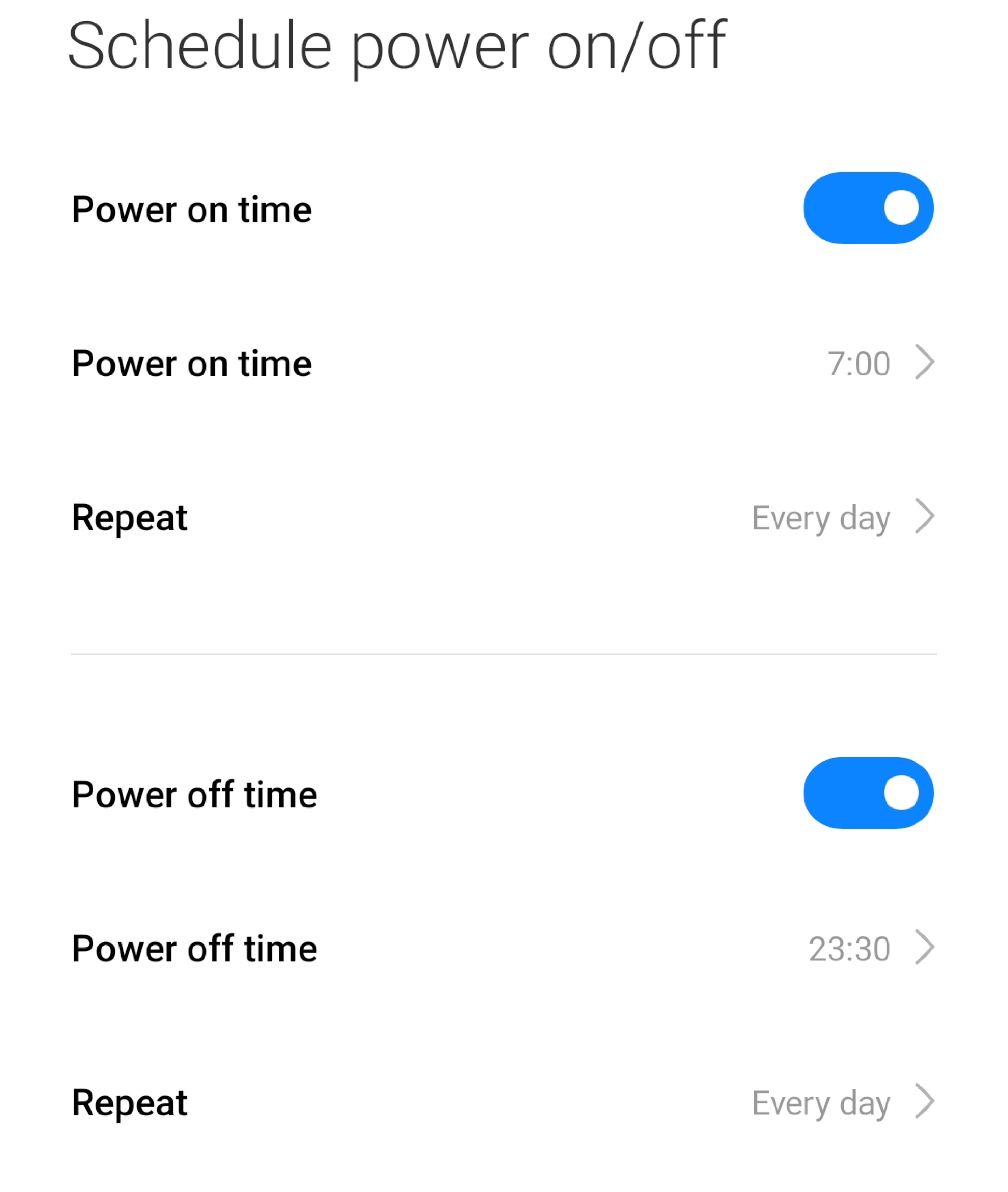 Schedule Power On and Off page showing scheduled times.