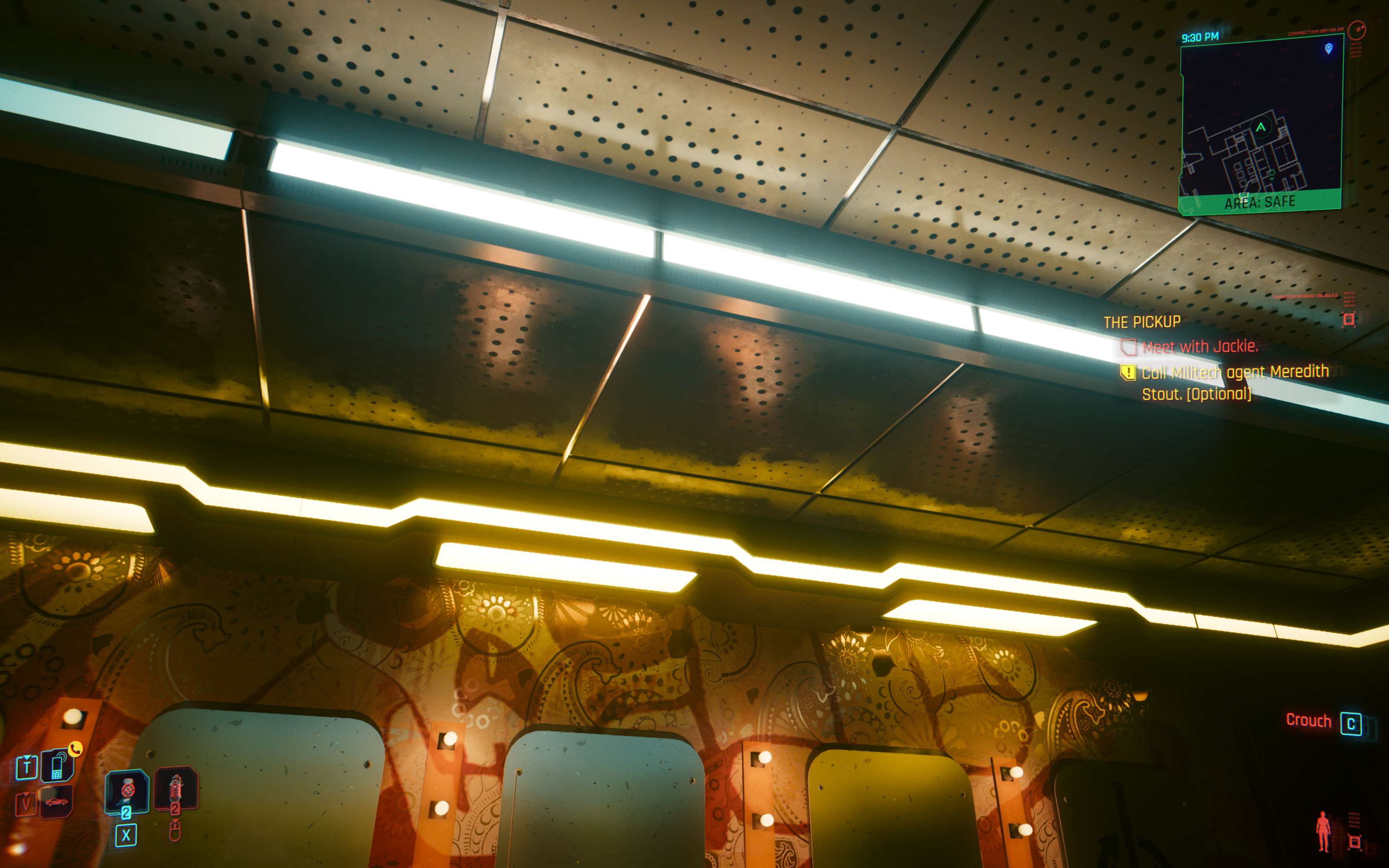 A screenshot of a ceiling with light reflections from the game "Cyberpunk 2077."