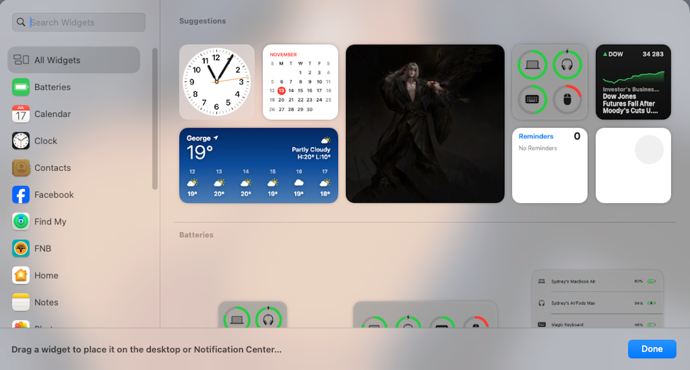 The MacOS Sonoma Widget Gallery showing several widgets and widget categories.