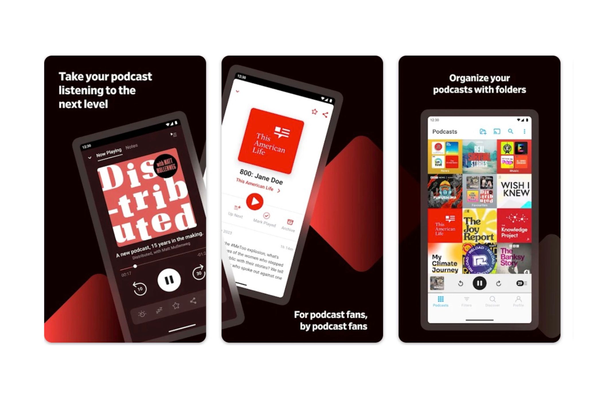 Pocket Casts features shown in screenshots. 