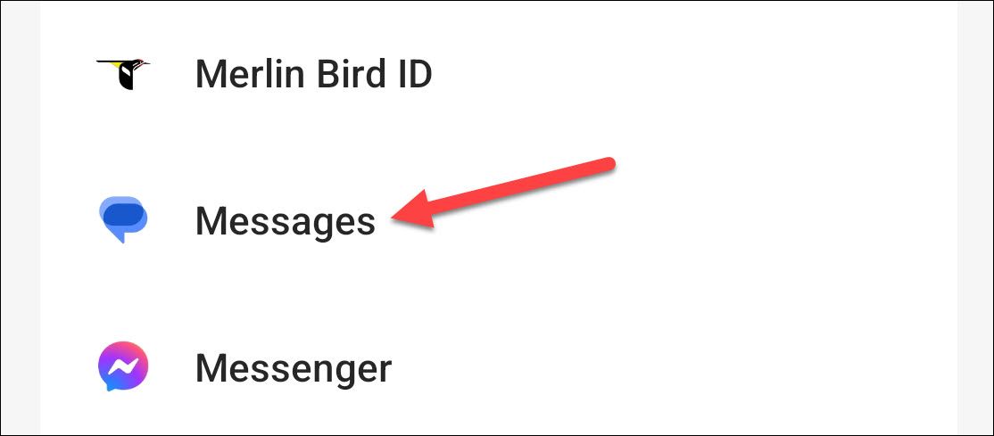 Android's Settings menu with the Messages app highlighted