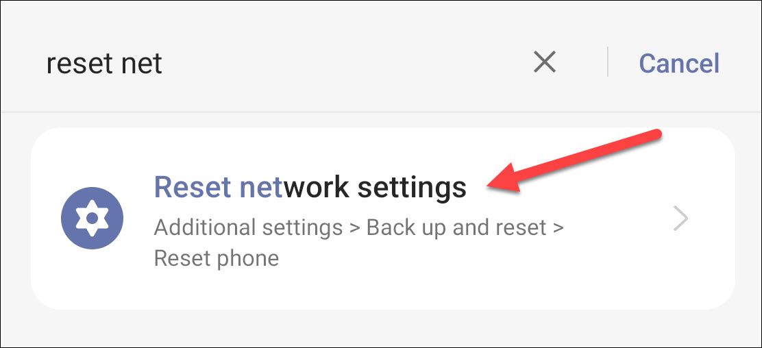 Searching for reset network settings in the android settings app