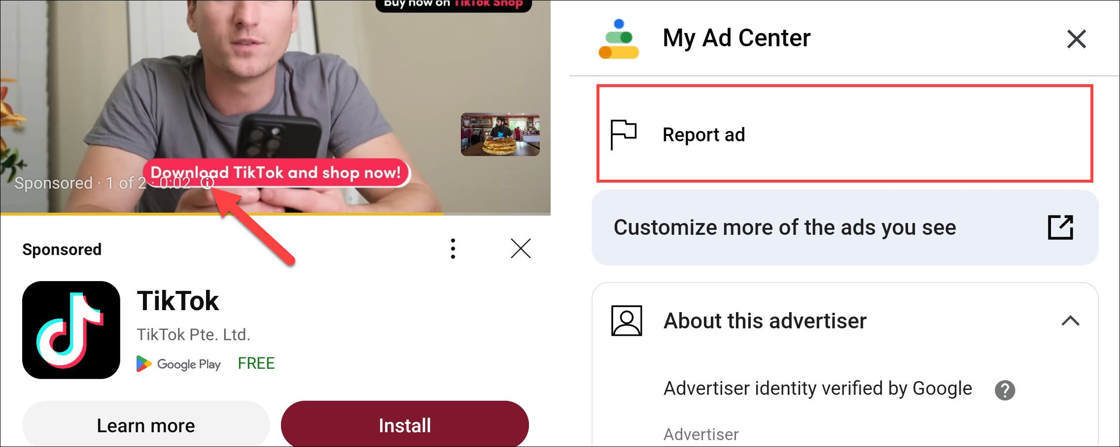 Ad information on the youtube mobile app
