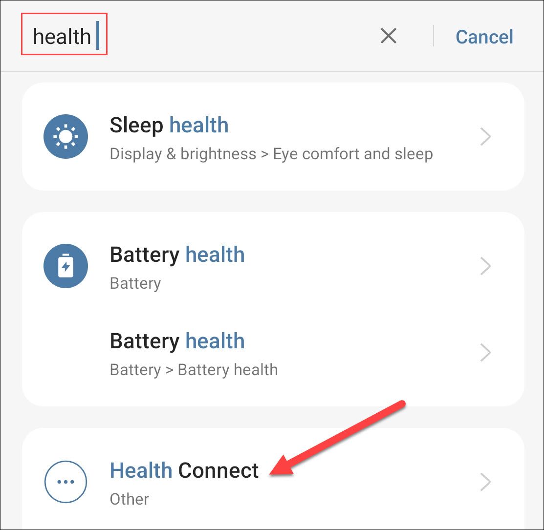Health Connect in Android settings.