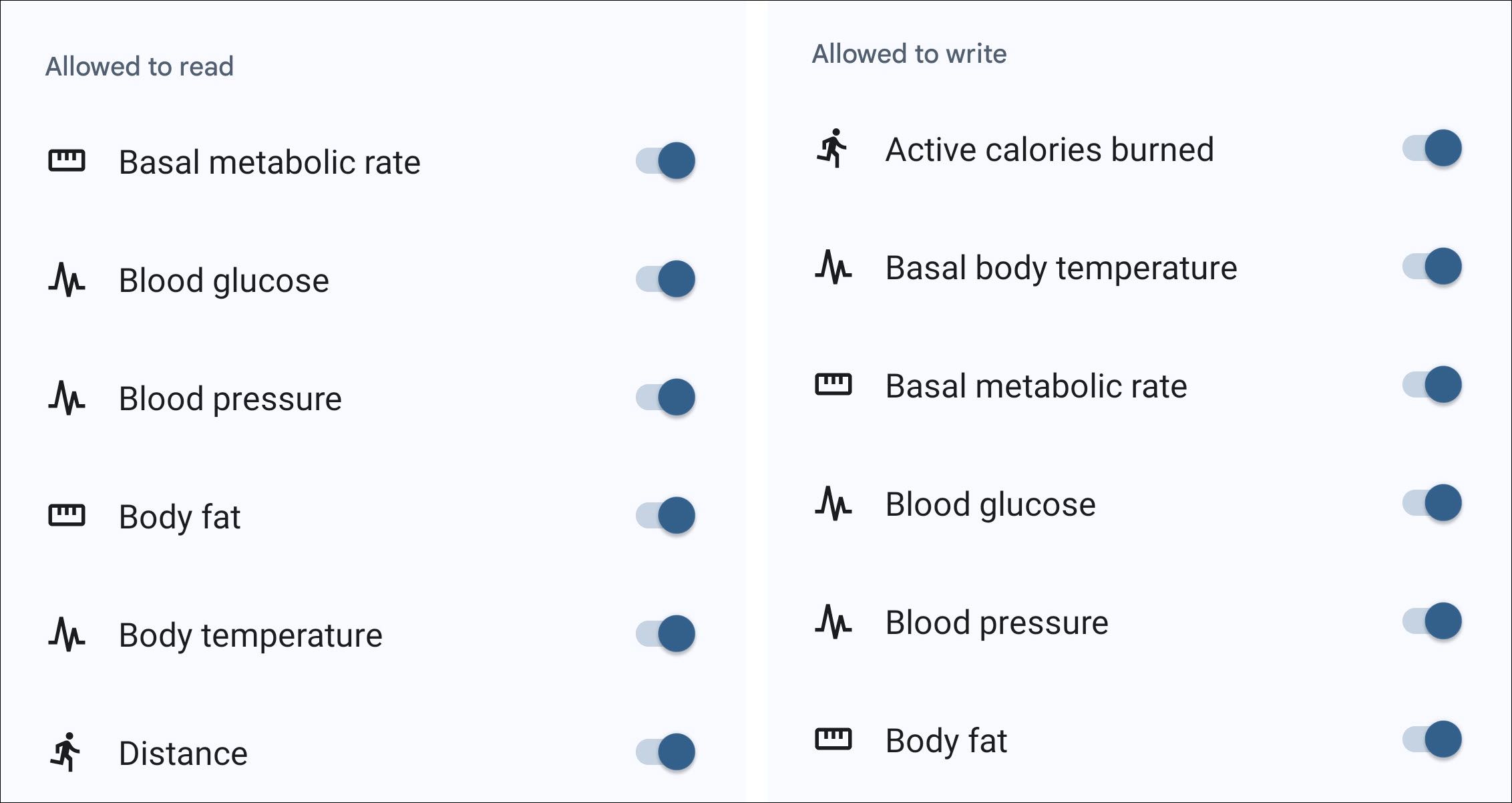 Health Connect data options.