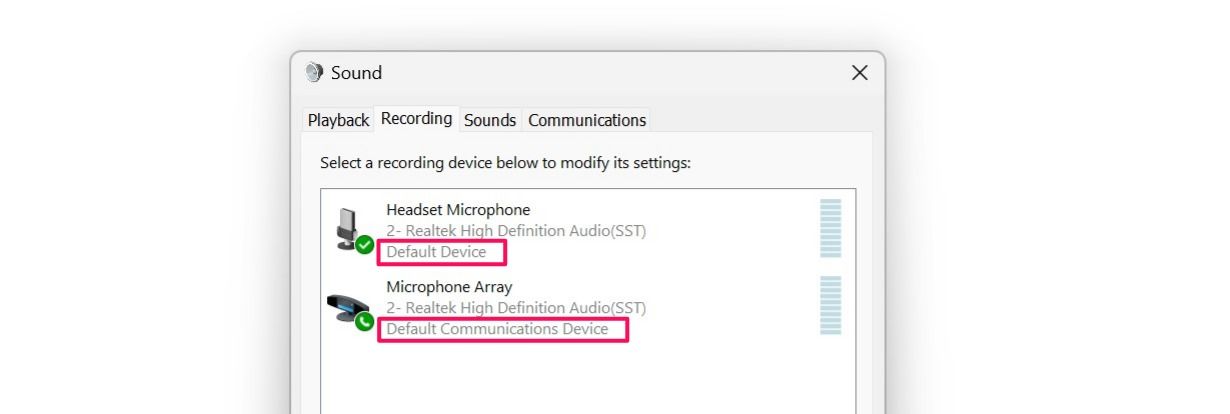 Separate microphone devices set as default for audio and communications in the sound settings on windows 11
