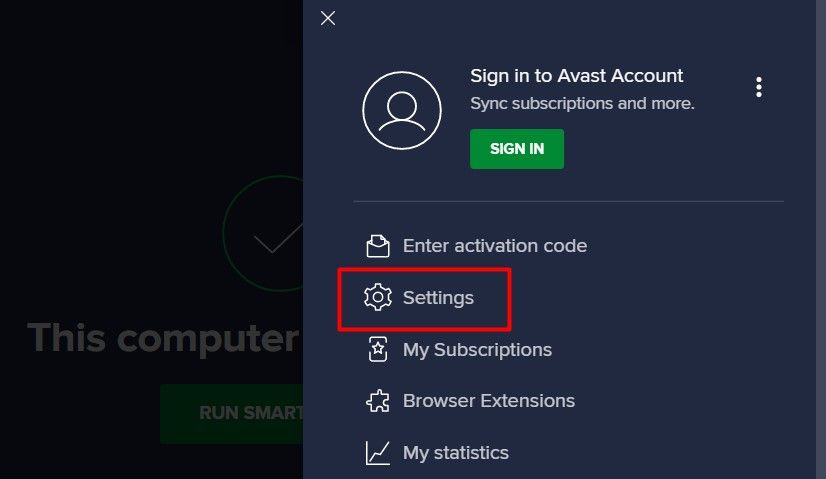 Settings option in Avast antivirus