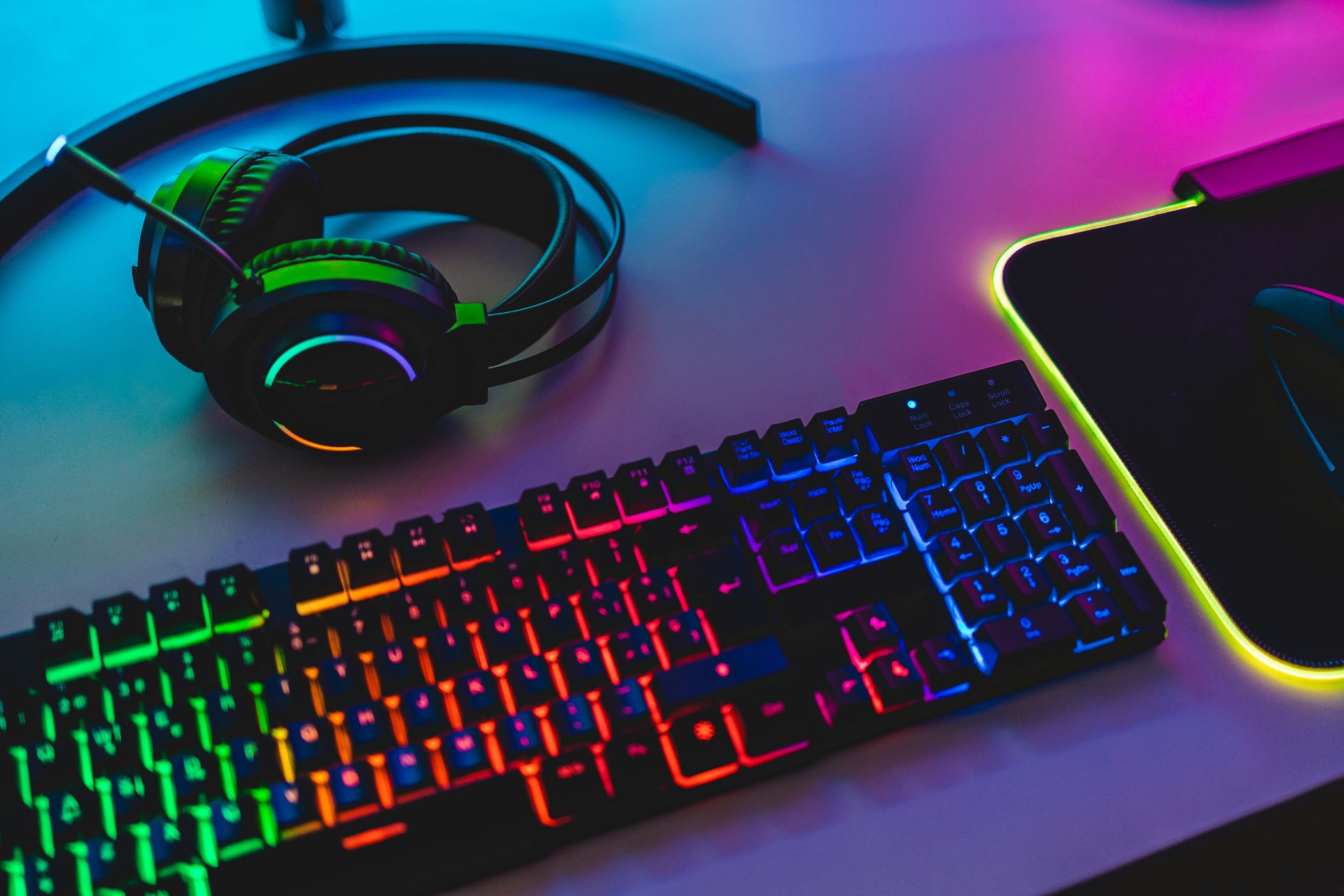 RGB keyboard, headset, and mouse-pad.