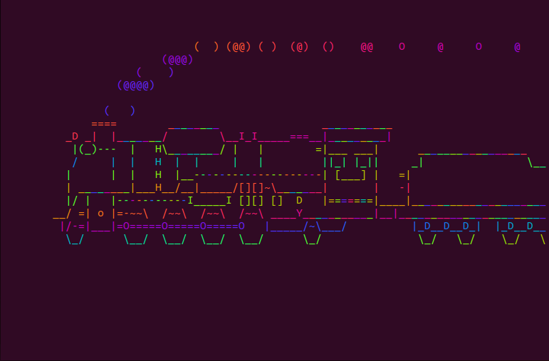 A rainbow themed train running on your Linux terminal