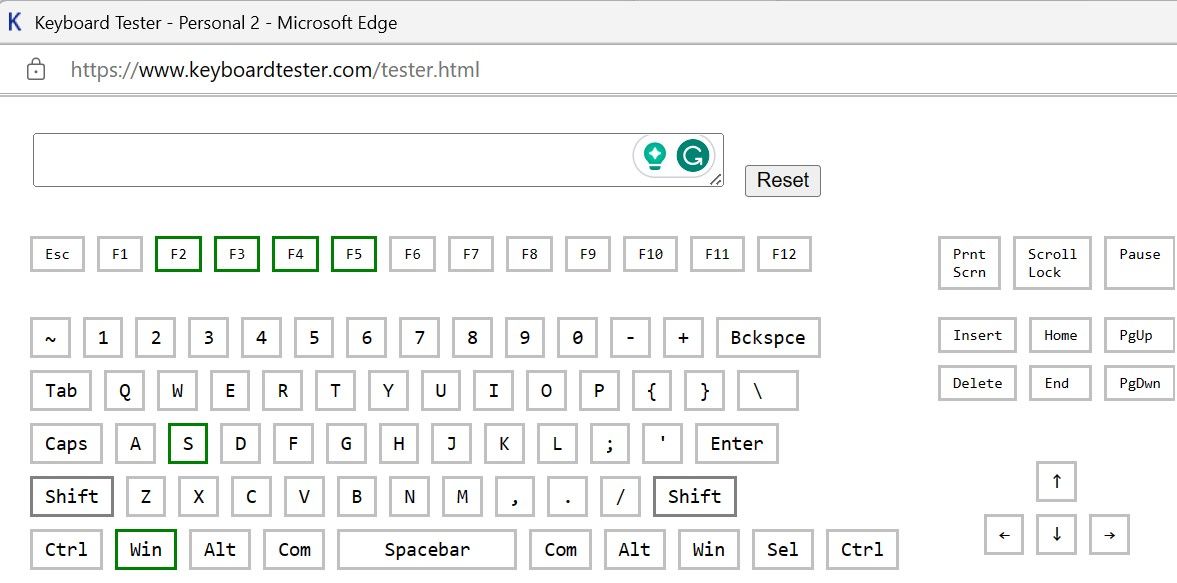 Testing functins keys of a keyboard on the keybord tester website