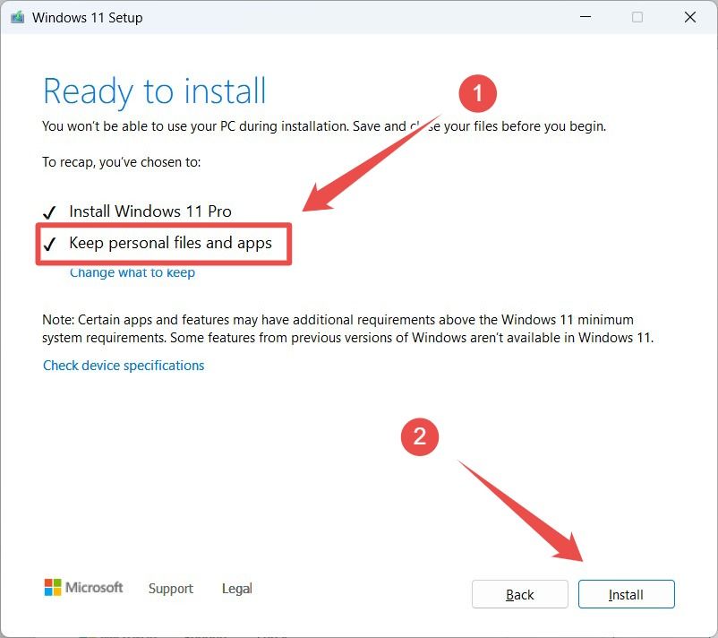 The 'Ready to install' screen of Windows 11 Setup
