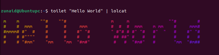 Displaying colorful ASCII text banner Hello World in the Linux terminal