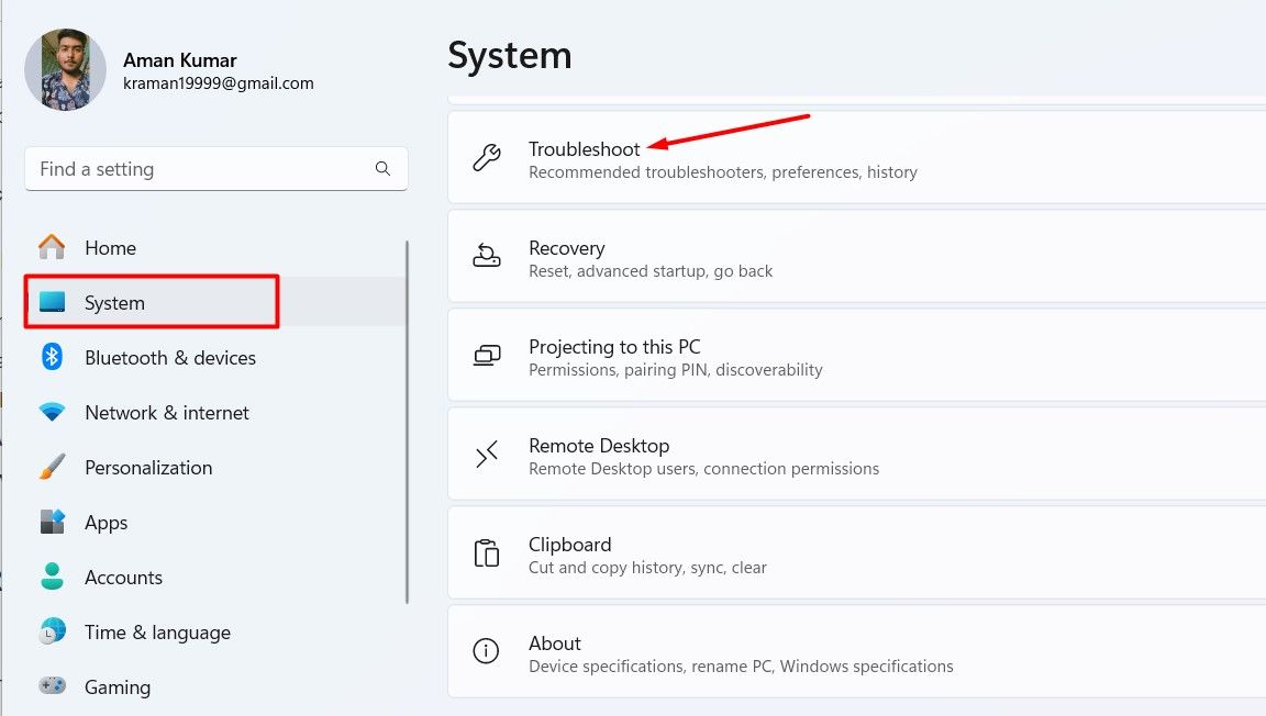 Troubleshoot option in the Settings app