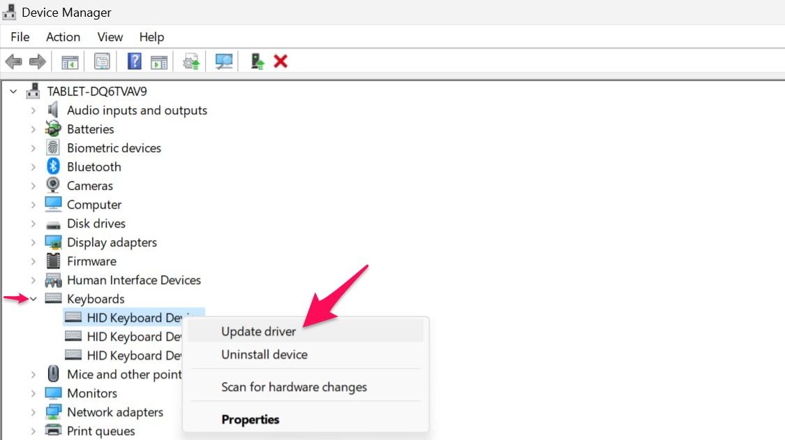 Updating keyboard drivers in device manager 