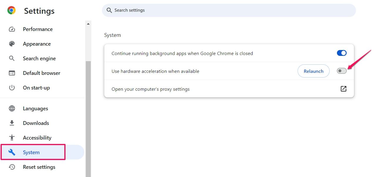 Use hardware acceleration when available toggle in Chrome