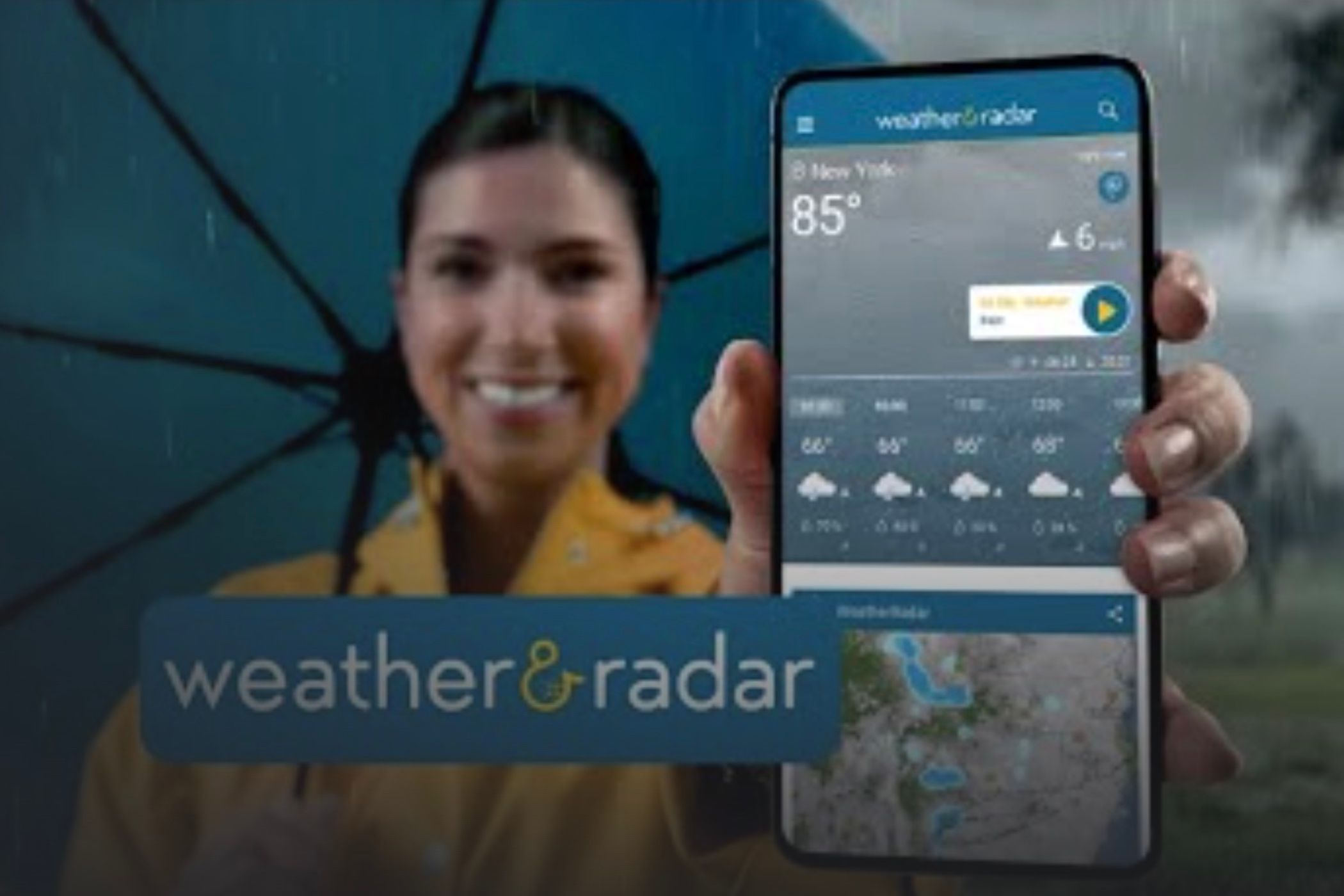 Woman holding a phone showing the Weather and Radar app. 