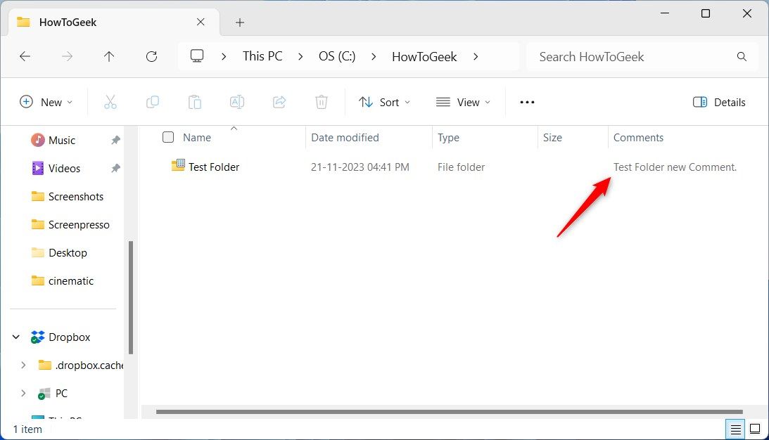 Windows File Explorer Folder Comments Displayed