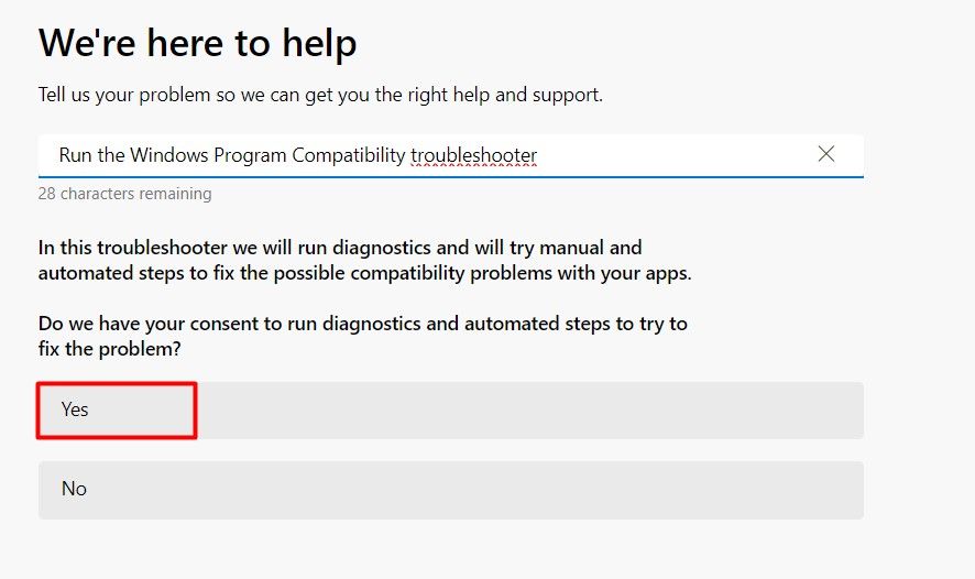 Yes option in the Get Help window