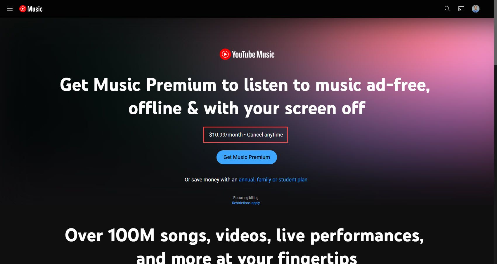 YouTube Music sign-up page.