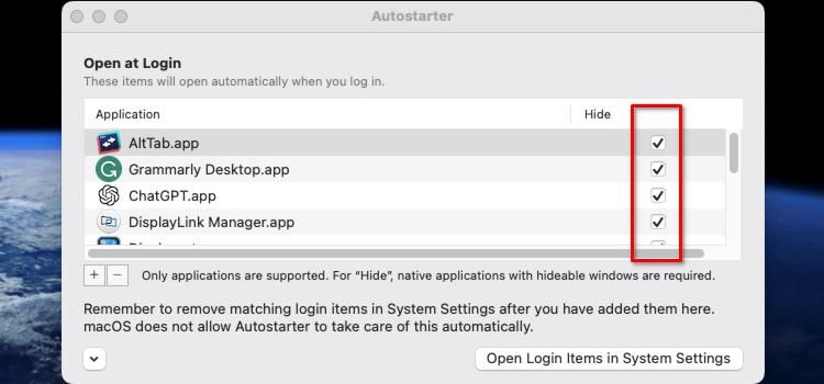 Autostarter macOS app list with hidden toggle