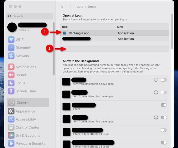 macOS Ventura Settings app showing the Login Items panel
