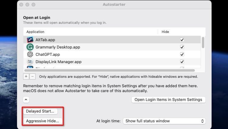 Autostarter macOS app list with advanced options shown
